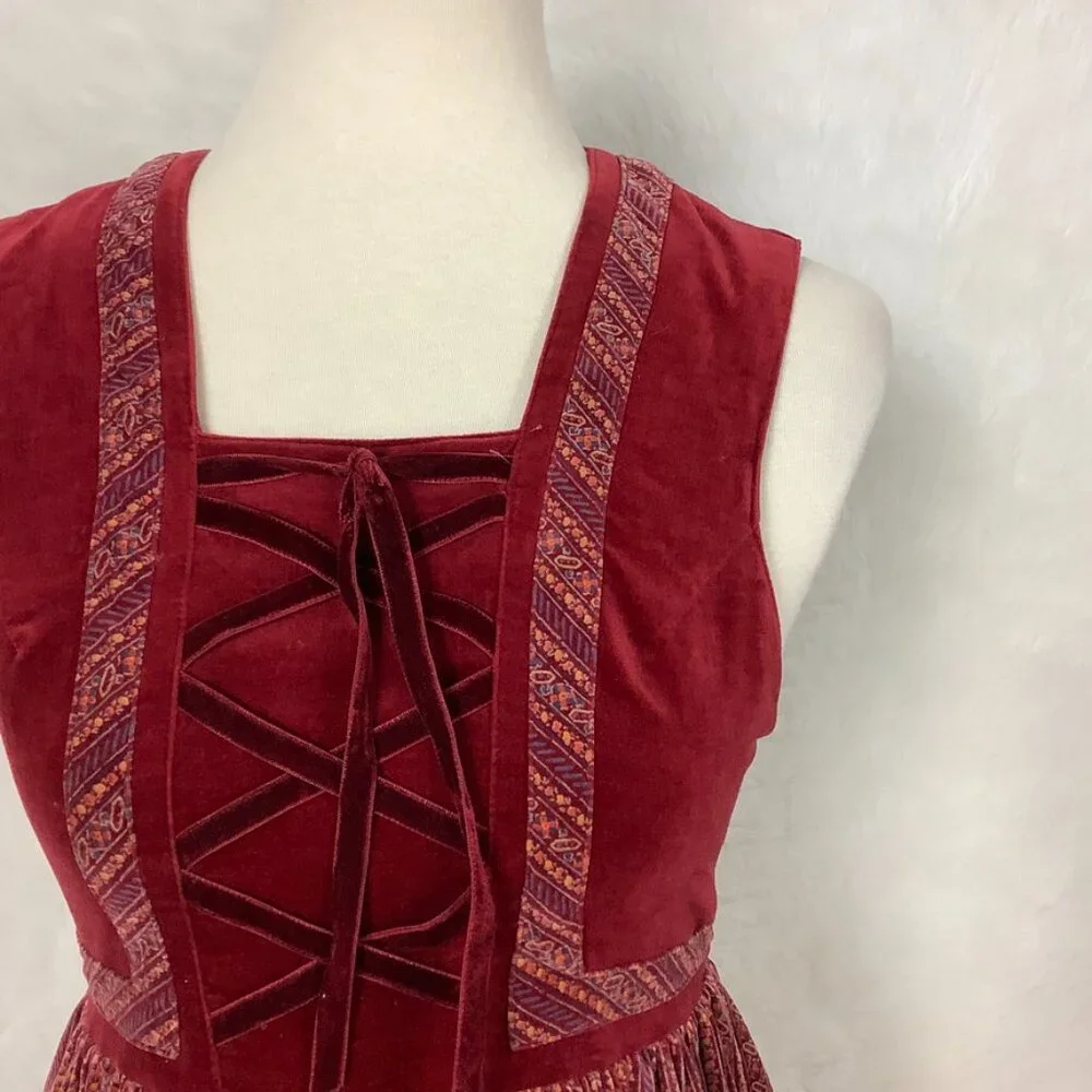 Vintage 70s Teens Fashion Elder Harajuku Tarita Red Velvet Lace Up Drindle Dress - Picture 2 of 7